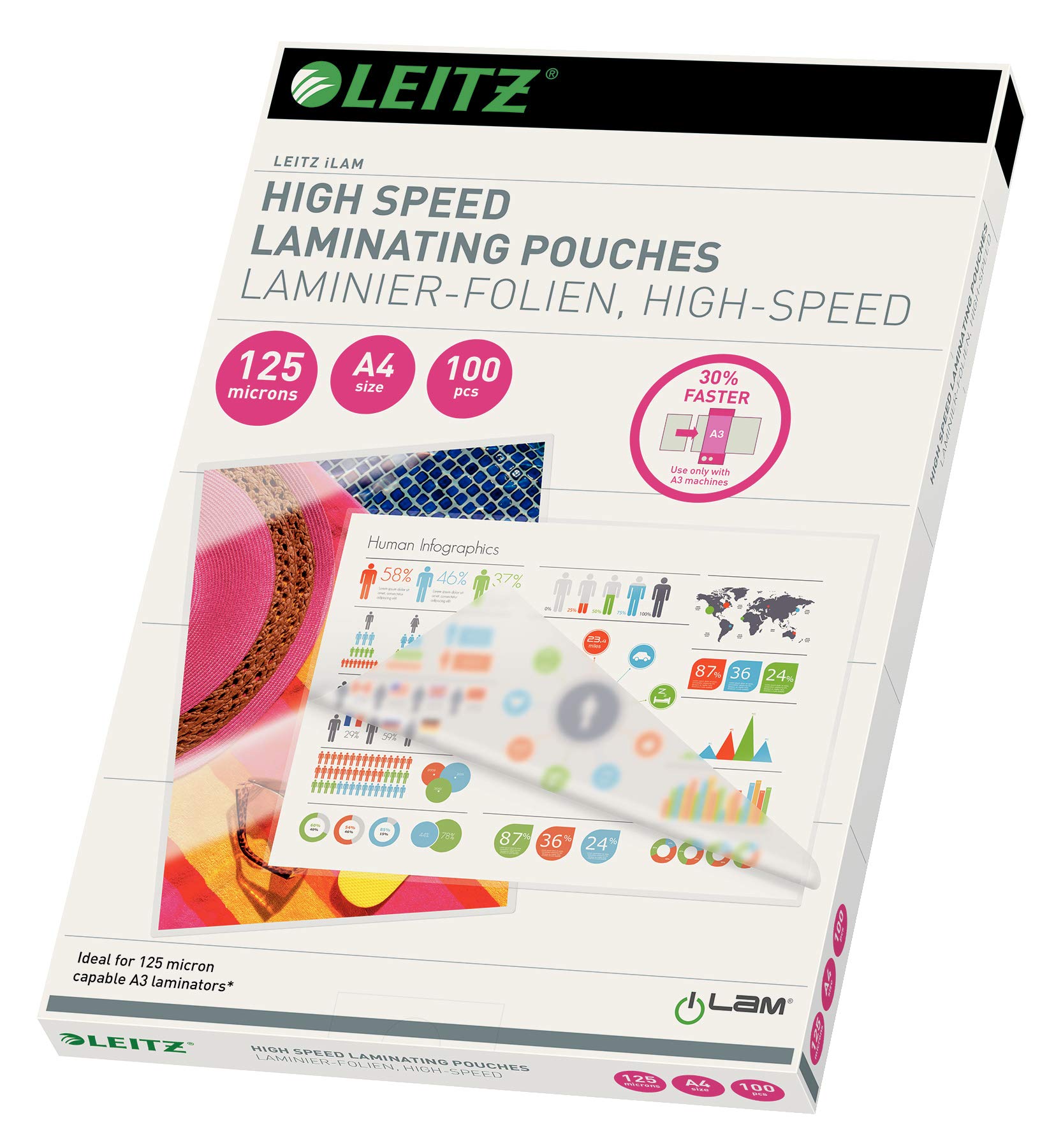 Leitz A4 Speed hot laminating pouches, pack of 100, glossy, transparent, film thickness 125 mic, laminating pouches for 30% faster lamination, premium quality, 74300002