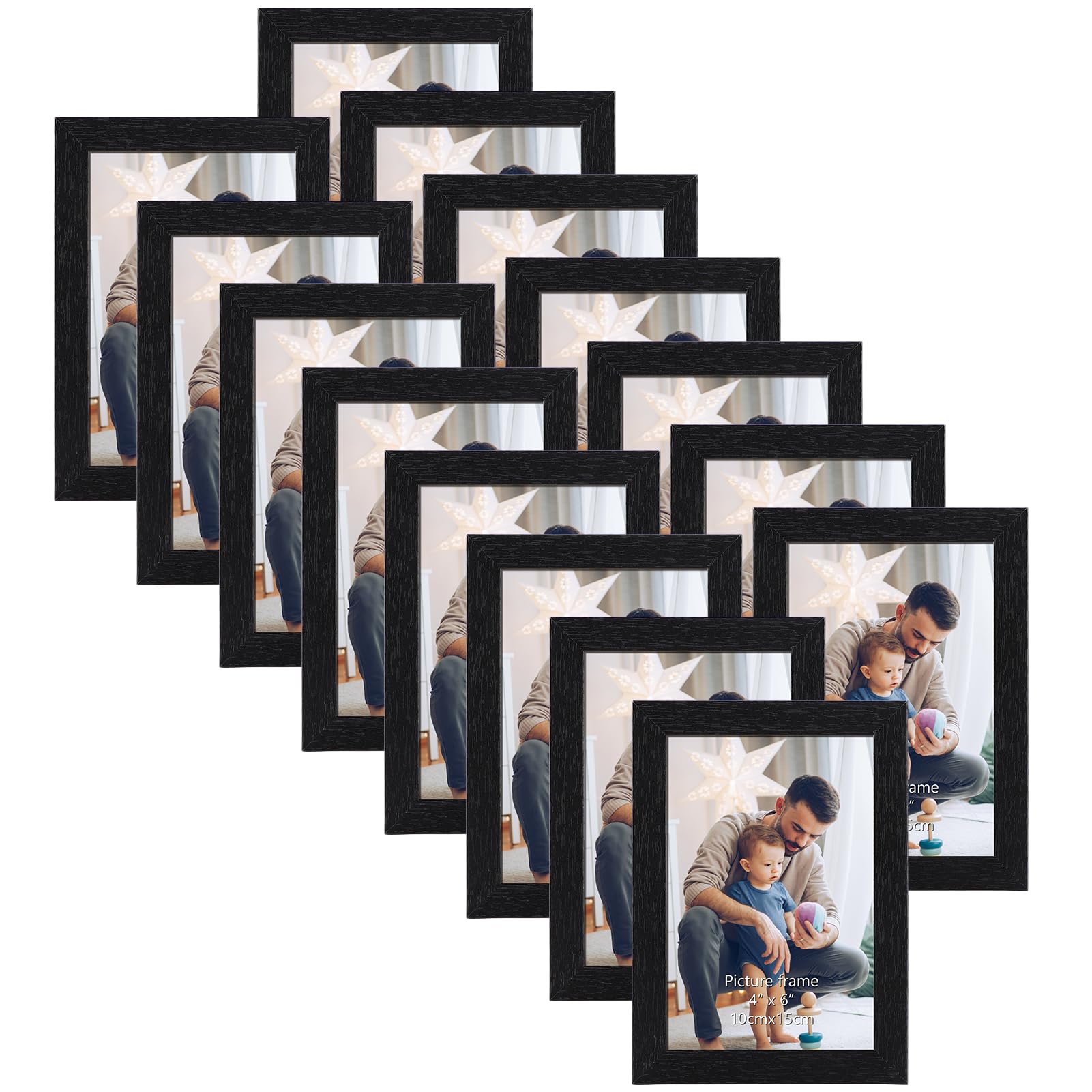 HORLIMER 6x4 Photo Frames Set of 15, Black Picture Frames 6x4 Display 4 by 6 Photo, Wooden 4x6 Photo Frame with Stand Tabletop or Wall Hanging