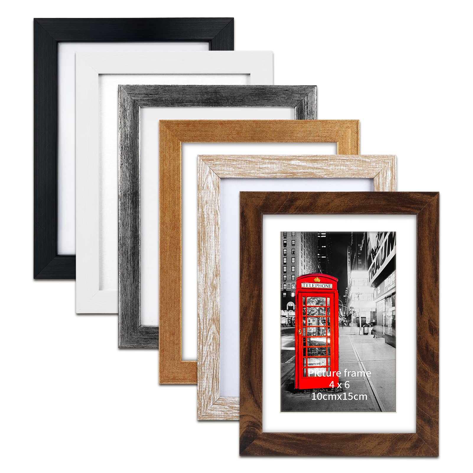 EYMPEU 6x4 Photo Frame Set of 6, Mixed Colour Picture Frames with Mount for 4x6 Inch Picture Display, Without Mount Fits 5x7 Inch Photo - Versatile Wall and Desk Mount — image 1