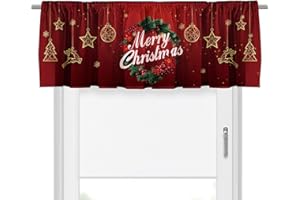 Deztibos Christmas Holly Wreath Kitchen Curtain Valance 52x18inch with Rod Pocket Half Short Red Ornaments Star Deer Laundry Cutain Topper Window Valance