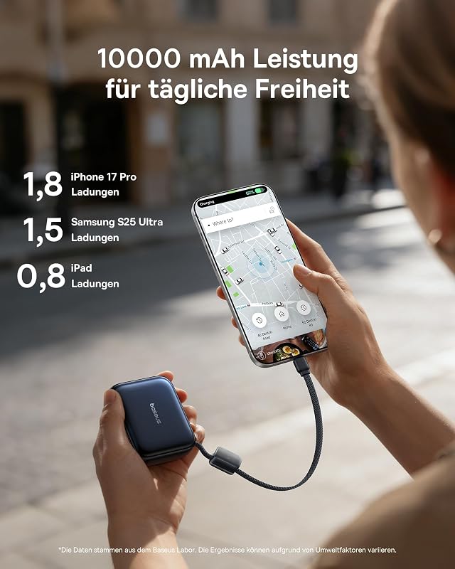 AC22 Mini Powerbank 10000mAh, 45W PD Schnellladung, Externer Handyakku mit integriertem USB-C Kabel & LED-Digitalanzeige, Ultra Mini im Taschenformat für iPhone Duo/18/17/16/15, Samsung S26/S25