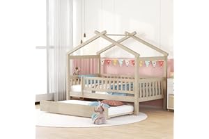 BELLEMAVE Twin Size House Bed with Trundle, Wooden Playhouse Kids Bed Frame with Roof and Fence, Montessori Style Bed with Guardrails for Kids, Teens, Boys, Girls, Natural.