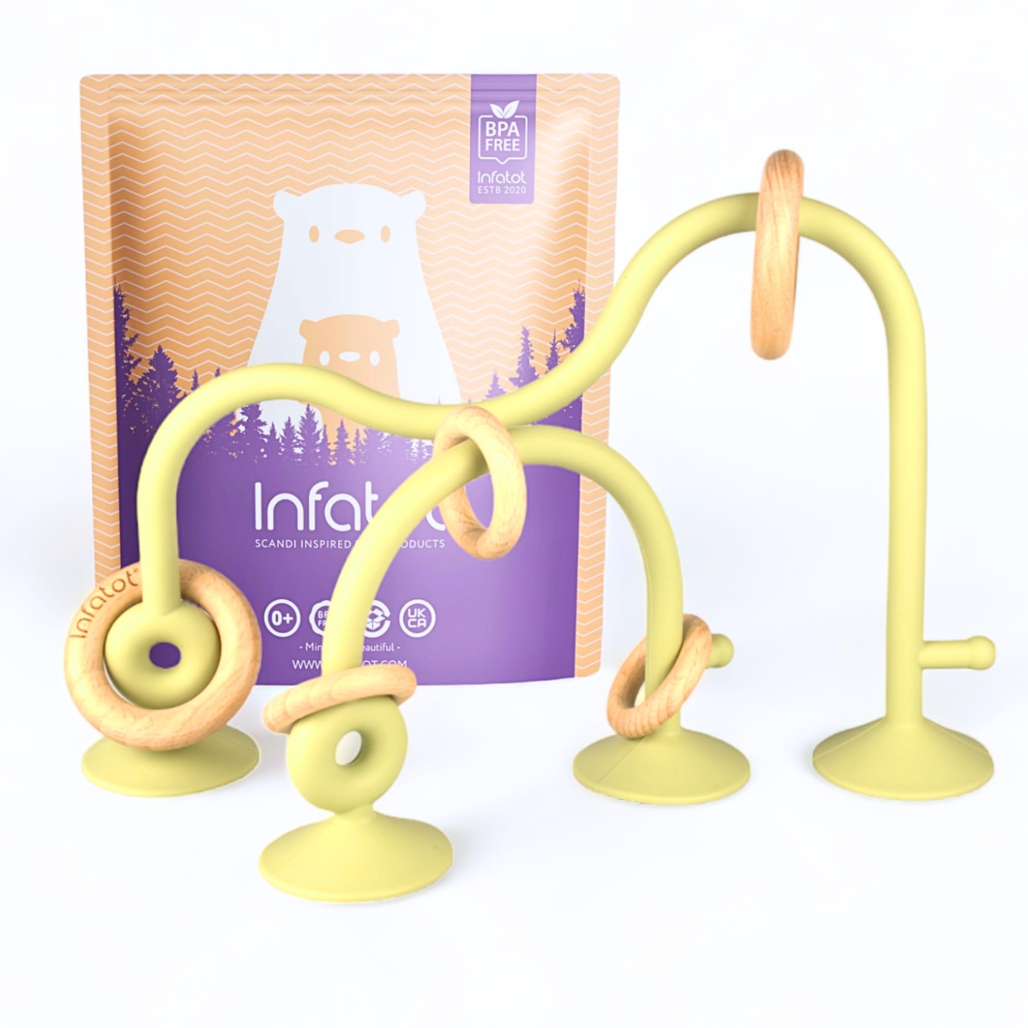 Infatot® Teething Suction Toy – Wood & Silicone Baby Toys 0-6 Months, Sensory Toy for Early Development, Suction Teether for High Chair, Baby Gift for Boys and Girls - Olive