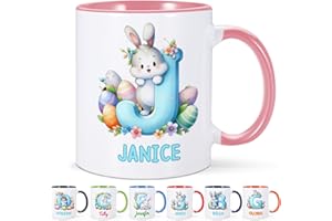 Custom Easter Mug with Initial Name, Personalized Rabbit Coffee Mug, Customized Monogrammed Ceramic Cup, Cute Bunny Mugs for 