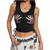 SHENHE Women's Summer Ruched Sleeveless Hands Print Crewneck Drawstring Tank Crop Tops
