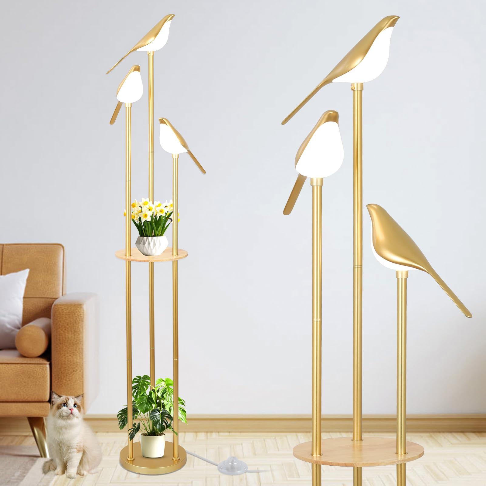 Photo 1 of Gold Floor Lamps for Living Room, Modern Floor Lamp with Shelves, Mid Century Standing Lamp with 3 Adjustable LED Bird Lights, Corner Tall Lamp with Table, Brass Stand up Lamp for Bedroom Kids Room