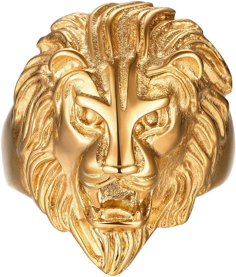 SAINTHERO Men's Vintage 316L Stainless Steel Gold Lion Head Rings Heavy Metal Rock Punk Style Gothic Biker Ring Size 7-14