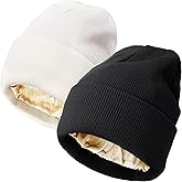 AQOKKA Womens Satin Lined Knit Beanies Hat Warm Silk Lined Winter Hat for Women Men Soft Slouchy Cuffed Unisex Skull Cap