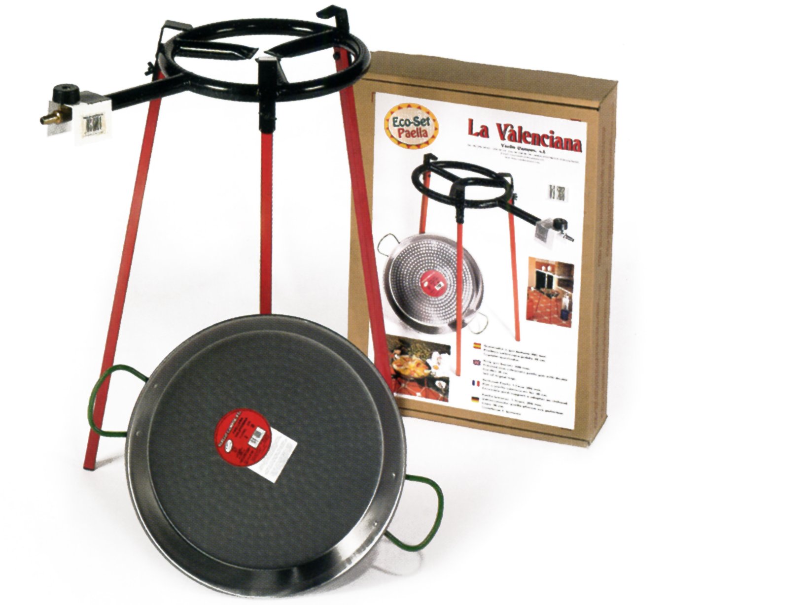 Eco Set paella pan 38cm: set of 3 square support legs + 38cm polished steel paella pan + 300mm gas burner