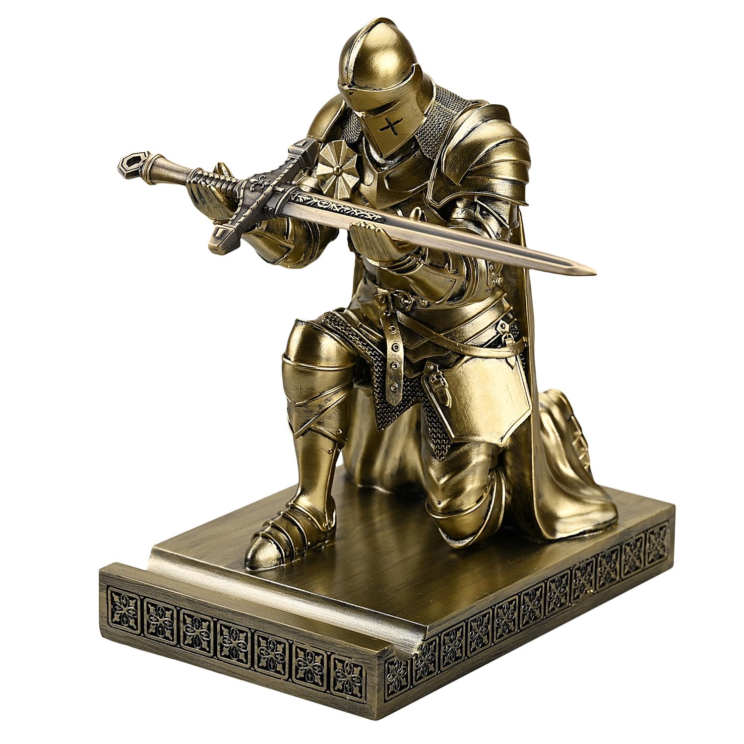 Photo 1 of Amoysanli Medieval Armored Warrior Wearing Outerwear, Mobile Phone Stand Knight Pen Holder Desk Organizers, Resin Bookends Paperweight with a Letter Opener for Desk (Bronze)