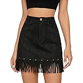 DERAX Women's Suede Fringe Mini Skirt High Waisted Tassel Western A Line 2026 Spring Short Skirts with Pockets