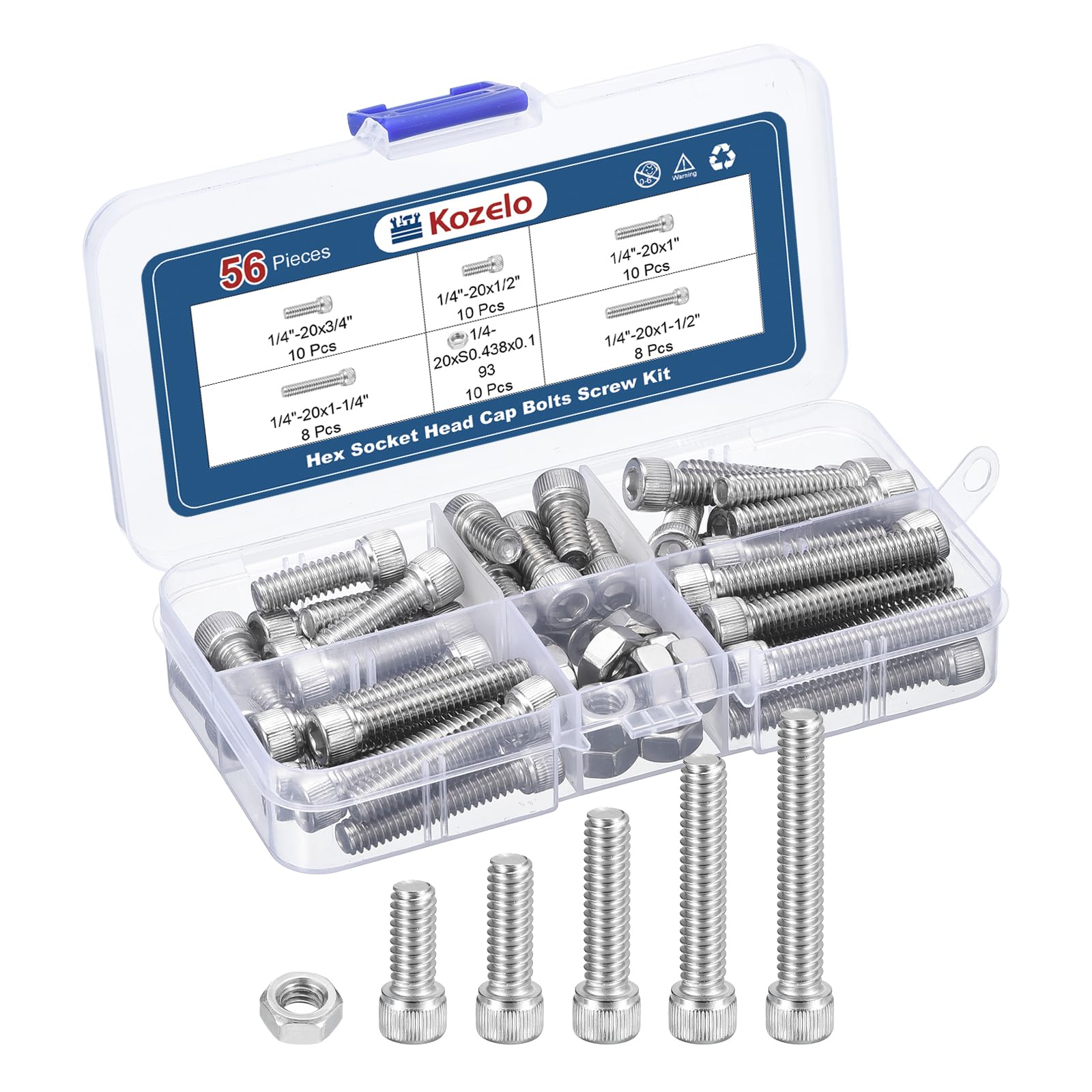 Kozelo 56pcs 1/4"-20 Socket Head Cap Screws Bolts Nuts Assortment Kit - [1/2" to 1-1/2"] 304 Stainless Steel Allen Socket Drive for 3D Printer