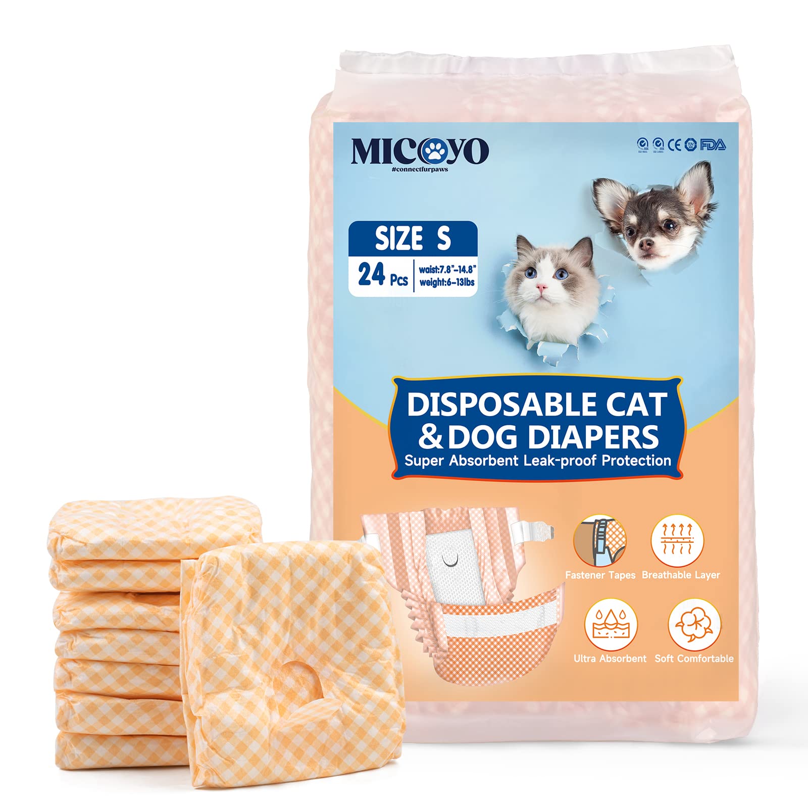 MICOOYO Puppy Cat Nappies Disposable, Super Absorbent Cat Diapers, Small Dog Nappies Female, Adjustable Waist, Leak-Proof Diapers for Cats in Heat, Incontinence,24 Pcs (Orange, S)