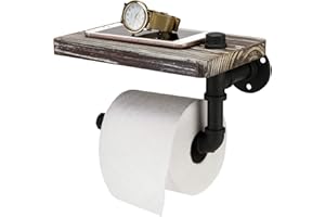 MyGift Wall Mounted Toilet Paper Holder with Industrial Metal Pipe Bar and Solid Torched Wood Floating Display Shelf