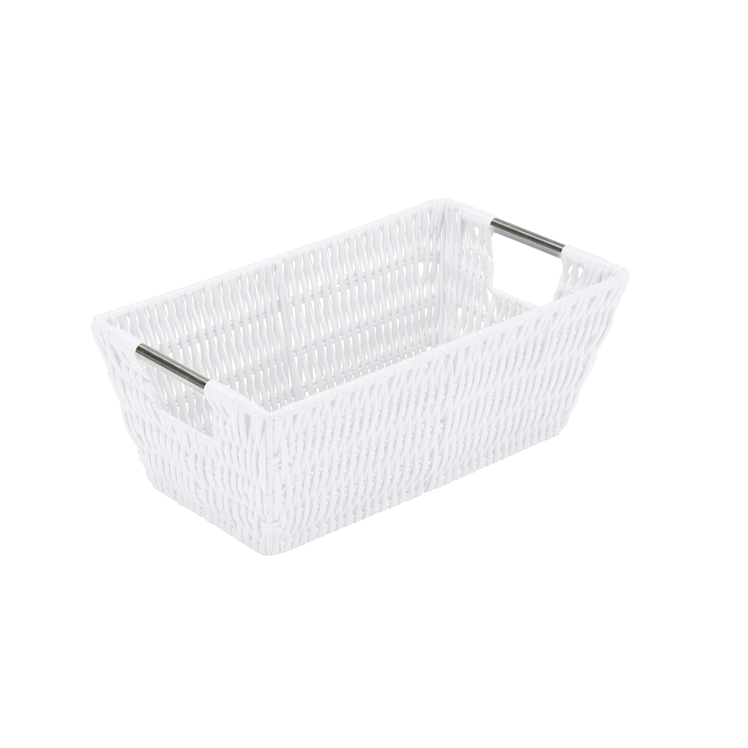 Photo 1 of Simplify 11"x6.5"x4.5" Small Shelf Storage Woven Basket with Handles, Nursery, Playroom, Toys, Bedroom, Closet, Clothes, Office, Decorative Rattan Totes, White
