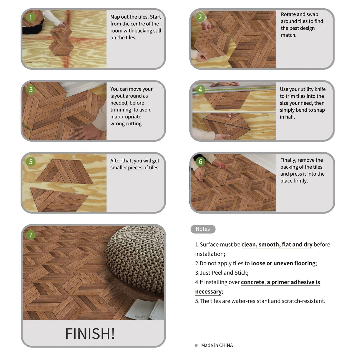 Alwayspon 12Pcs Hexagon LVT Flooring Peel and Stick