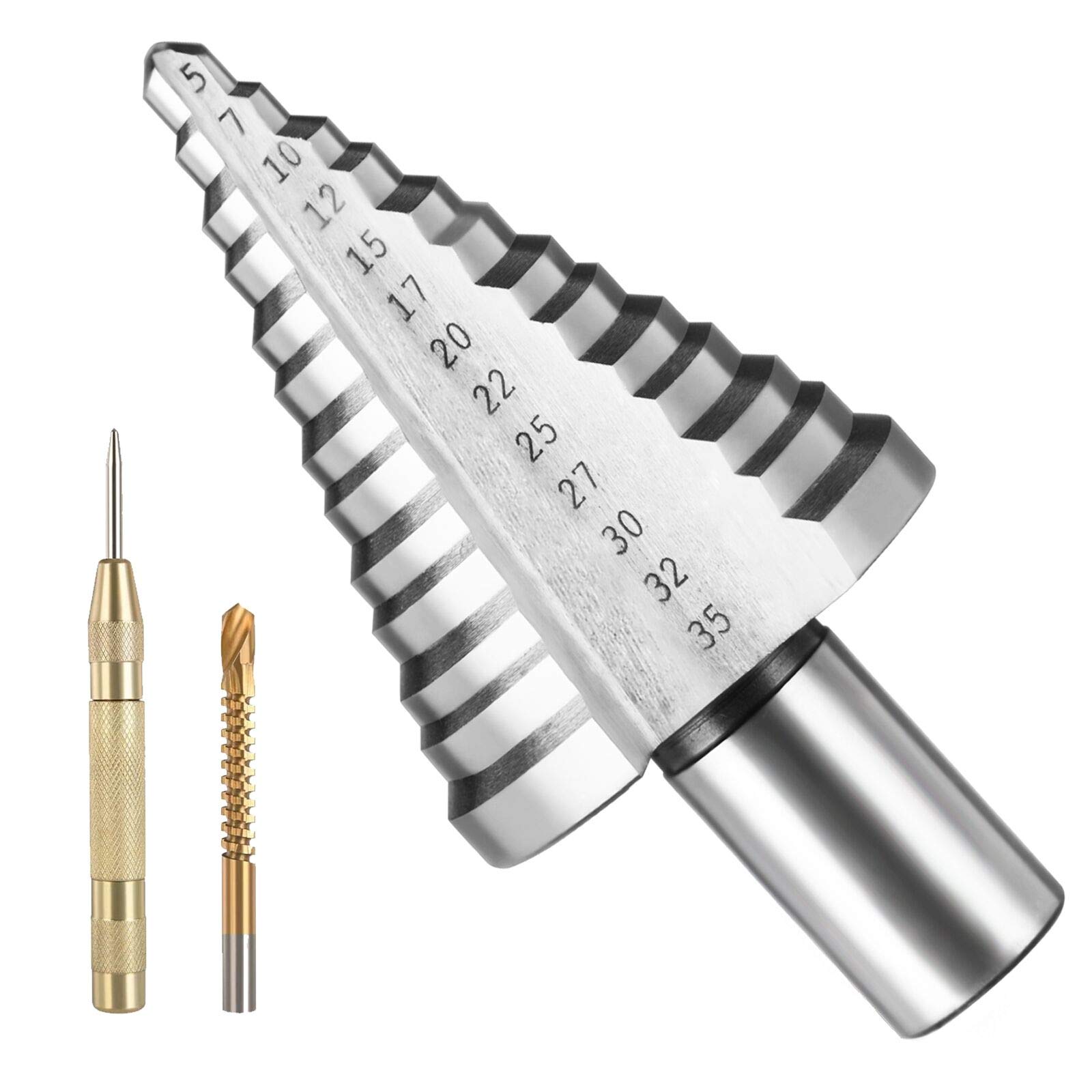 flintronic Step Drill Bit 5mm-35mm, with 1 Automatic Center Punch& 1 Twist Drill Bit, HSS Titanium Coated Double Slot Cone Cutting Drill