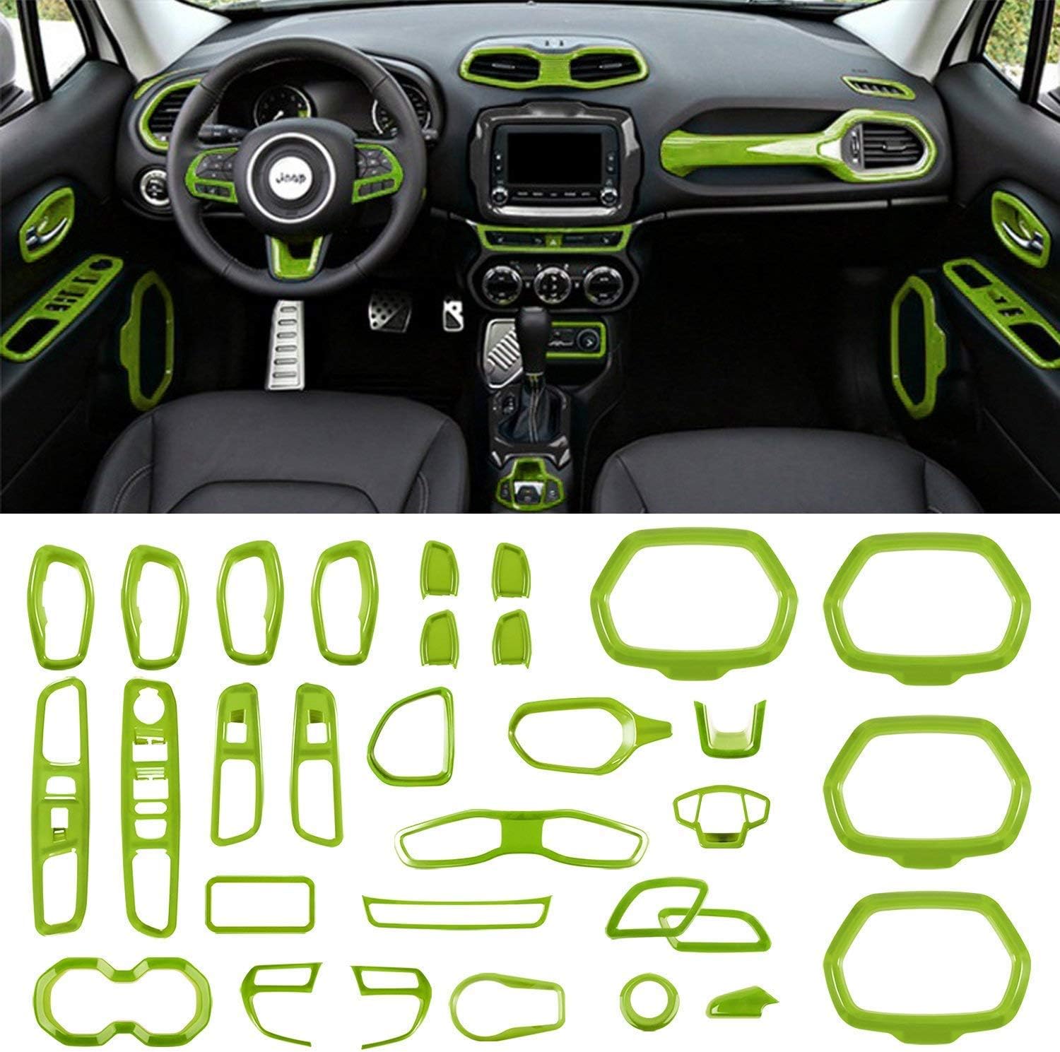 Car Interior Accessories Decoration Trim Air Conditioning Vent Decoration & Door Speaker & Water Cup Holder & Headlight Switch & Window Lift Button Covers for Jeep Renegade 2015-2020 (Green)