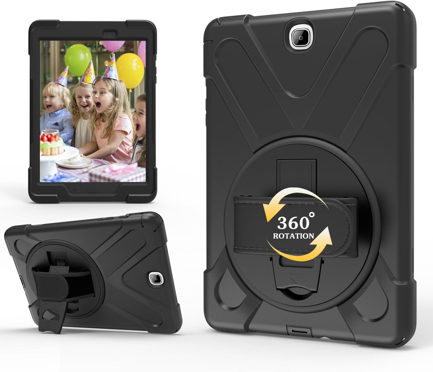 TianTa Galaxy Tab A 9.7 Case SM-T550 with Screen Protector, Three Layer Rugged Heavy Duty Shockproof Protective with Handle Strap, Shoulder Belt & Rotating Kickstand for Galaxy Tab A 9.7 Inch- Black