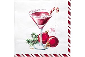 LeZakaa 50Pcs Christmas Cocktail Napkin, Red Martini Glass with Candy Cane & Ornament Design, 3-Ply Dinner Napkins Square Disposable Guest Paper, Table Décor and Party Supplies, 6.5 x 6.5 In
