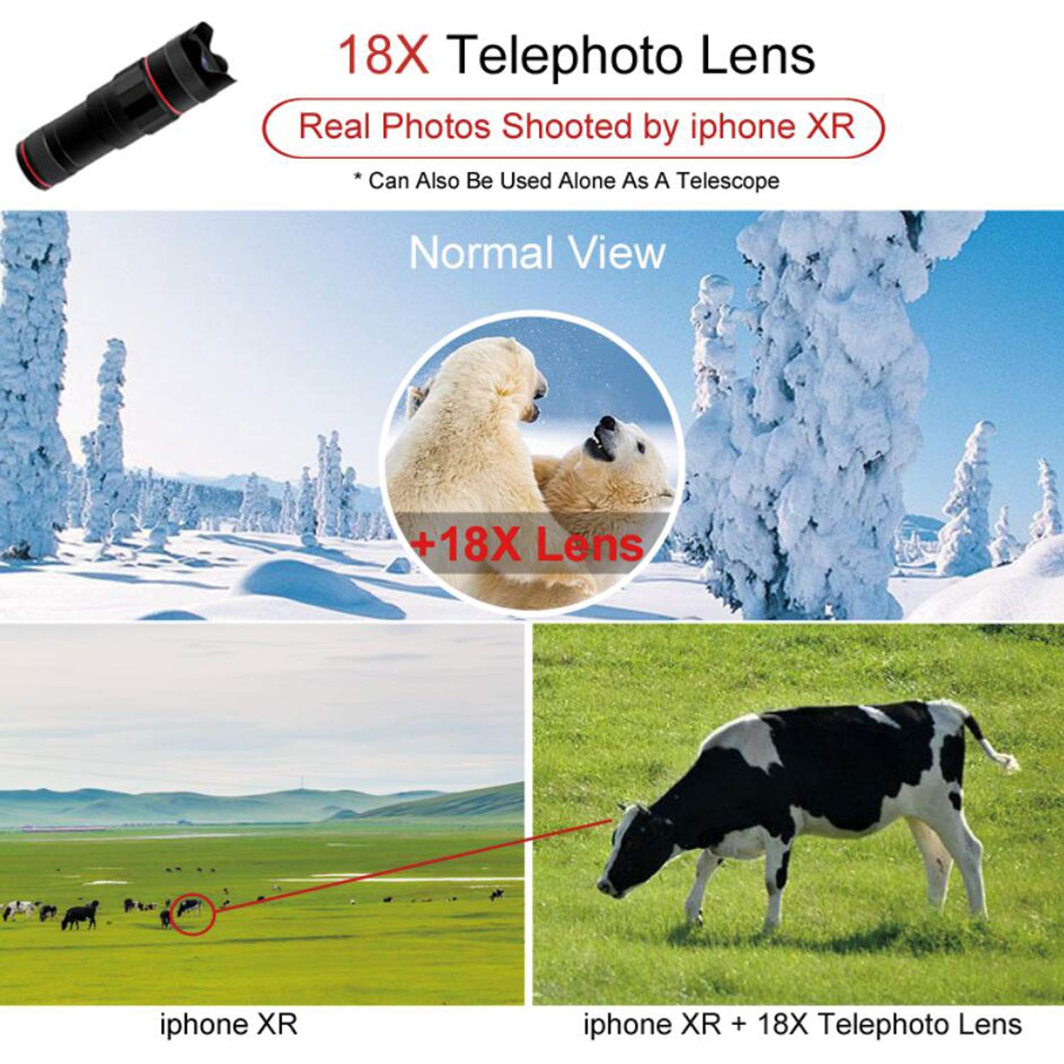 Phone Camera Lens, Faireach 4 in 1 Cell Phone Lens Kit - 18X Zoom Telephoto Lens +180° Fisheye Lens + 120° Wide Angle Lens+ 20XMacro Lens Compatible with iPhone X XS Max XR/8 Samsung Android