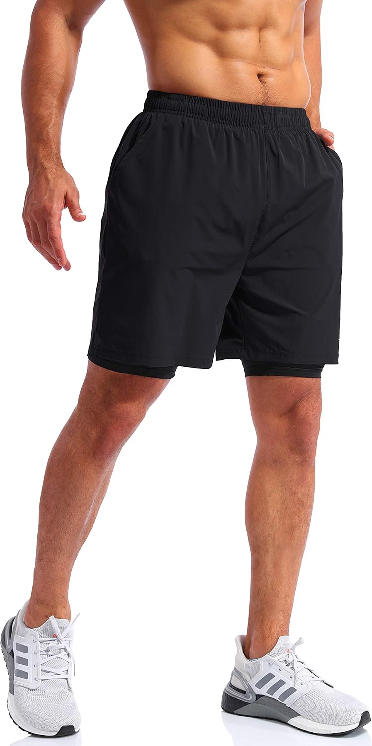 Pudolla Men’s 2 in 1 Running Shorts 7" Quick Dry Gym Athletic Workout Shorts for Men with Phone Pockets: Clothing