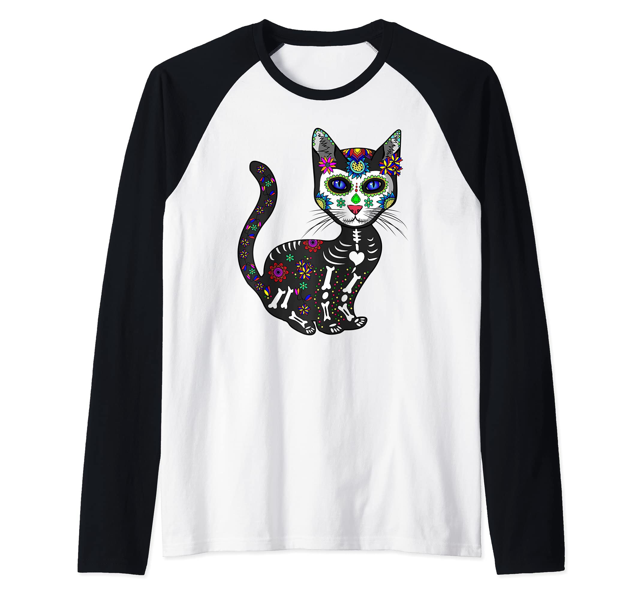 Craneo De Gato Sugar Skull Cat Halloween Dia De Los Muertos Raglan Baseball Tee
