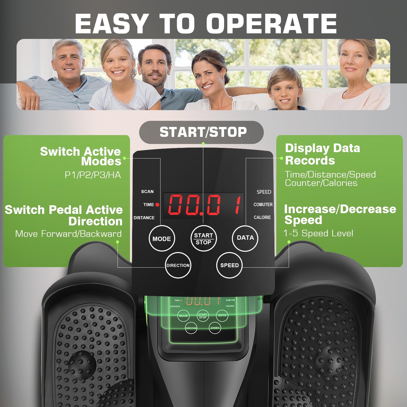 ANCHEER Under Desk Elliptical Machine - Quiet Pedal Exerciser for Seniors, Office & Home, Low-Impact Seated Leg Workout Equipment, Smart LCD Display, Remote Control(Black/Green)