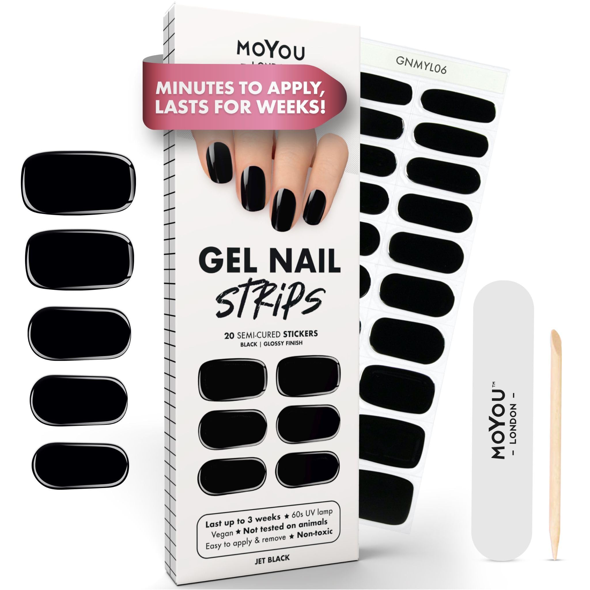 MOYOU LONDON Semi Cured Gel Nail Strips Black - 20 Pcs. Waterproof Gel Nail Wraps, Cures in Sunlight or UV/LED Lamp, Lasts Up to 2+ Weeks, Stretchable, Easy to Apply & Remove, Vegan & Cruelty-Free
