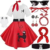 10Pcs Sock Hop Outfits Women, 1950s Poodle Skirts, Poodle T-Shirt with 50s Accessories Socks Scarf Headband Belt Earring