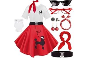 VillbeCoser 1950s Dresses Women, 50s Costume Women Poodle Skirt Hop Outfit Socks Scarf Headband Belt Earrings Halloween