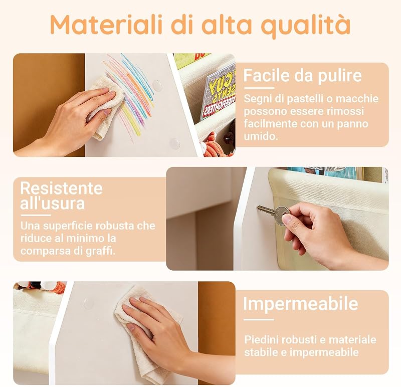 Libreria Montessoriana per Bambini Organizer con 4 Tasche in Tessuto Scaffale Porta Libri e Giochi, Portariviste a Terra Scaffale per Riviste Salvaspazio, Bianco 62x30x71cm FRG225-W