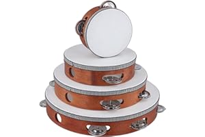 MAHIONG 4 PCS 4" 6" 8" 10" Brown Wooden Tambourine, Musical Instrument Tambourine Set, Handheld Drum Bell Metal Jingles Single Row Percussion for Church, KTV, Party, Musical Class