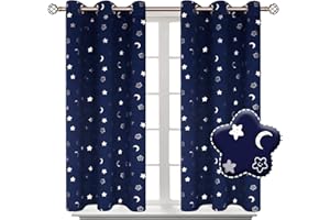 BGment Navy Blackout Curtains for Bedroom, Star Curtains with Moon for Kids Room, Thermal Insulated Room Darkening Drapes with Grommet for Nursery Girl Boy Baby, 2 Panels of 42 x 45 Inch