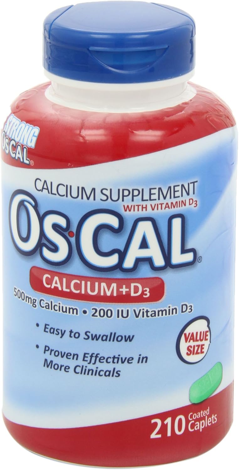 Os-Cal Calcium + D3 500 mg Calcium Supplement with 200 IU Vitamin D3 to Help Maintain Strong Bones, Coated Caplets - 210 Count: Health & Personal Care