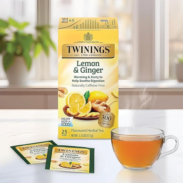 TWININGS OF LONDON LEMON & GINGER HERBAL TEA BAGS, 25 COUNT