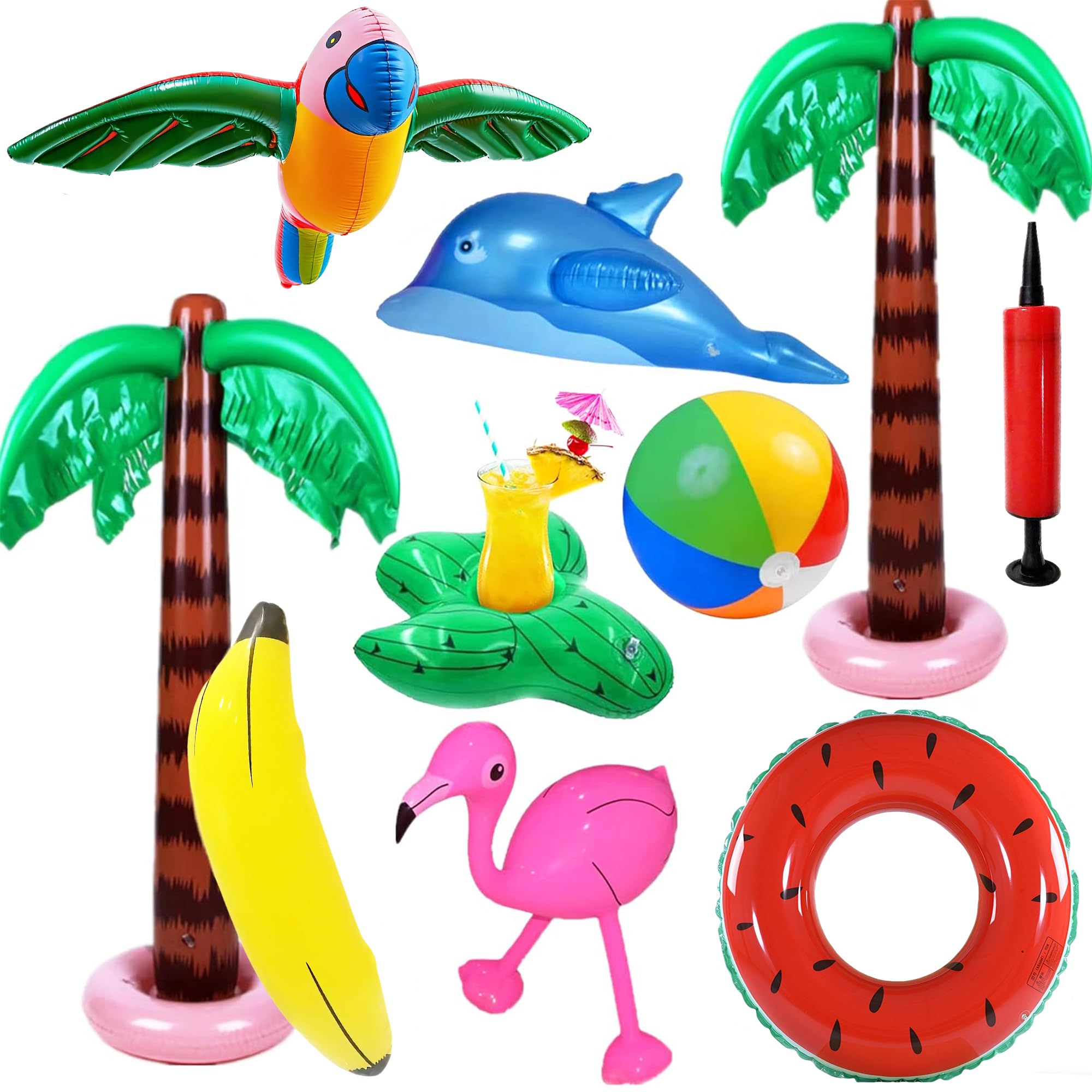 Yetech Inflatable Palm Trees 9 Pcs Hawaiian Party Decoration Set Flamingo Toys Inflatable Banana Beach Balls Flying Parrot Dolphin for Luau Party Decor Beach Backdrop