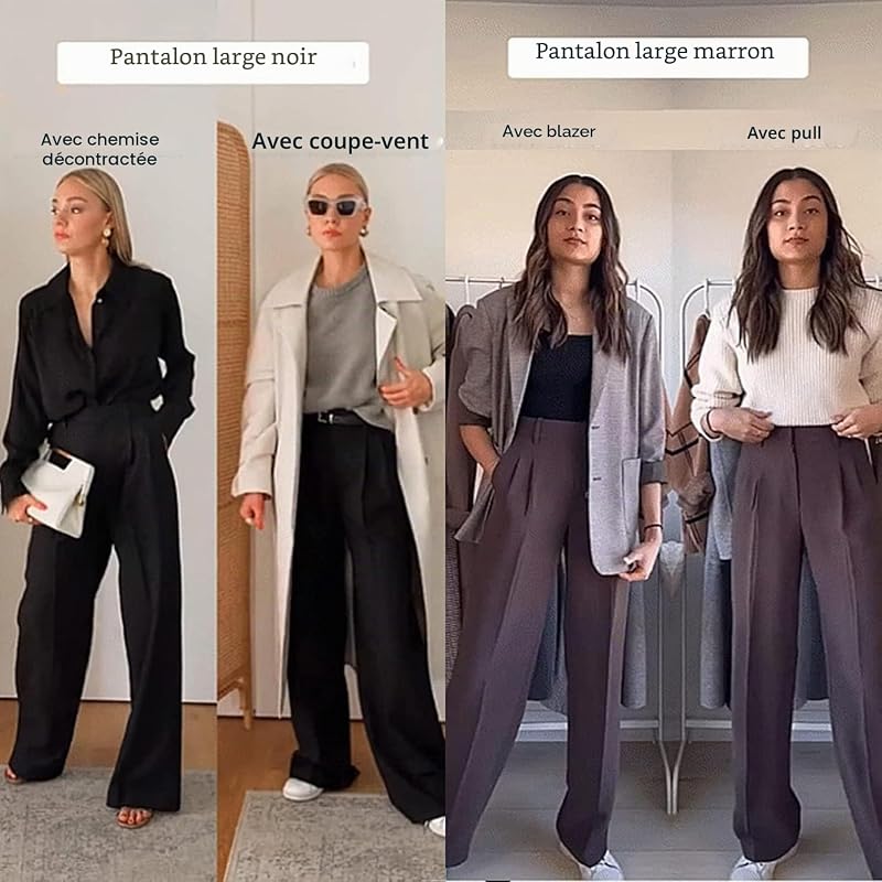 Femme Pantalon Bureau Elegant Casual Jambes Larges Décontracté Jambe Droite Loisirs Travail de Costume Mode Taille Haute avec Poches