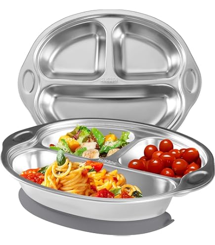 2 Assiettes Bébé En Acier Inoxydable 23 Cm Avec Ventouse - Divisées 3 Zones, Antidérapantes, Lavables Lave-Vaisselle