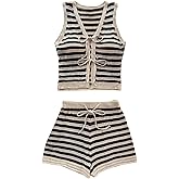 GORGLITTER Women's Crochet Sets Summer Vacation Two Piece Outfits Striped Tie Front Knit Crop Tank Top and Shorts Set
