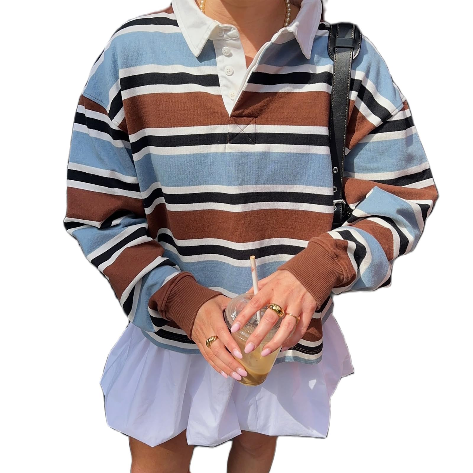 Photo 1 of Women Long Sleeve Striped Polo Shirts Loose Fit Button Up Rugby Polo Shirts Vintage Preppy Aesthetic Sweatshirt