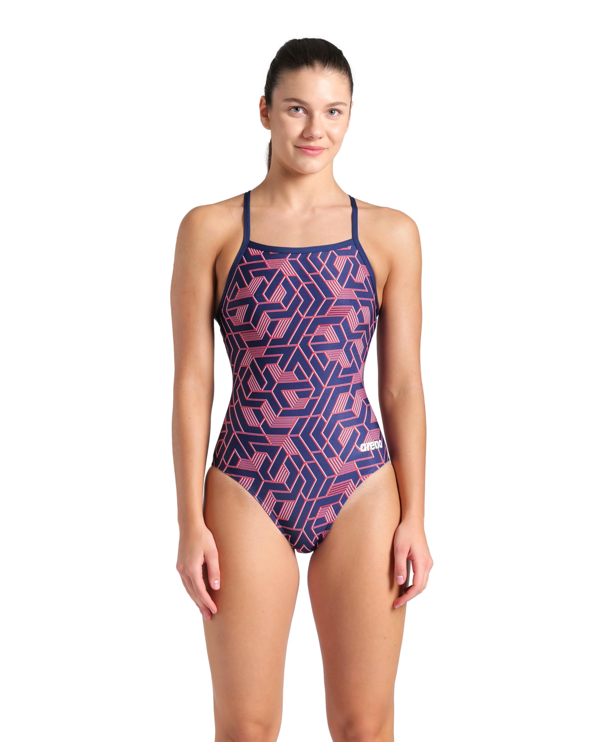 ARENA Women’s Escape Team Print MaxLife Swimsuit Light Drop Back One Piece Ladies Bathing Suit Competition Training Athletic Swimwear, Navy/Team Red White Blue, US Size 40