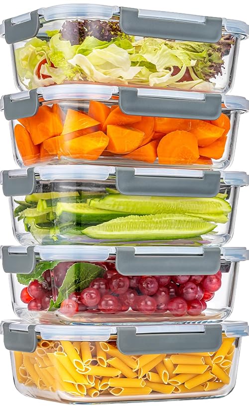 KUMD 5-Piece 36OZ Glass Food Storage Containers with Snap Lock Airtight Lids (1040ml) - Leak-Proof Meal Prep & Lunch Boxes, Oven, Microwave, Freezer & Dishwasher Safe, BPA Free & LFGB Certified