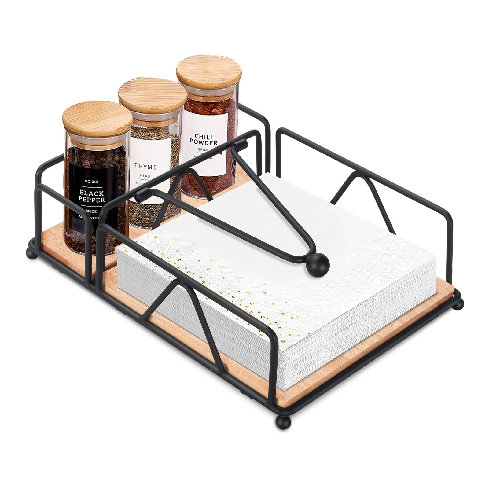 Napkin Holders for Paper Napkins, Flat Napkin Holder with Wooden Base, Gold Stainless Steel Napkin Basket, Metal Napkin Holder with Weighted Arm, Gold Napkin Holders for Kitchen Table Decor (Black)