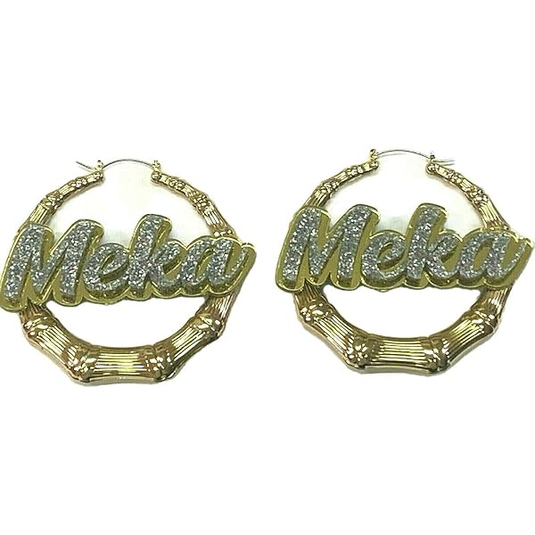 Personalized Custom Gold Hoop Bamboo Earrings Name Plate Laser Cut Gold Script