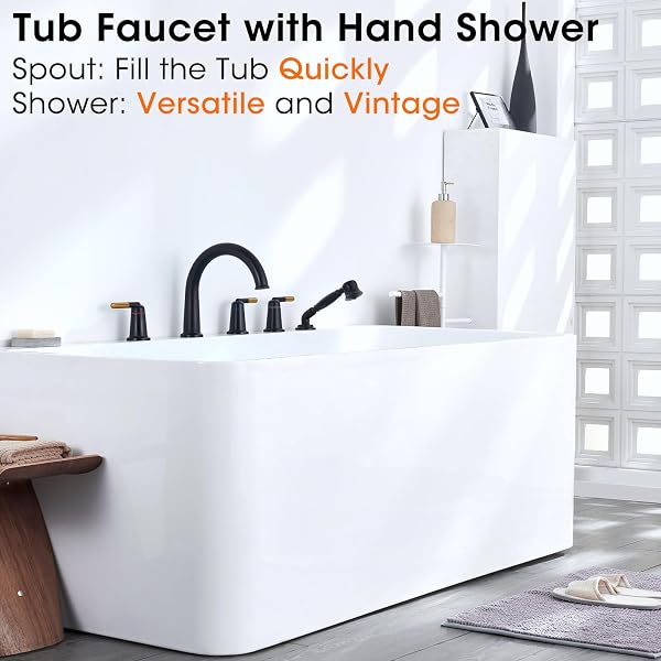 WINTAP BLACK & ROSE GOLD ROMAN BATHTUB FAUCET SET WITH HAND SHOWER & BRASS VALVE 5 HOLE 3 HANDLE WIDESPREAD DECK MOUNT TUB FILLER CLASSIC VINTAGE HIGH ARC GOOSENECK SPOUT TUB FAUCETS