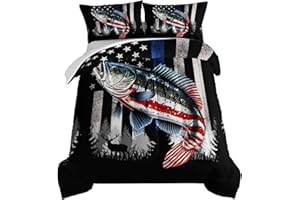 HOSIMA Soft Microfiber Black Twin Comforter with 2 Pillowcases,American Flag Striped Bass Pattern Twin Bedding Sets,Fishing Comforter Kids Men Boys Room Decor,Twin Bed in a Bag for Teens.