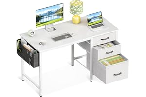 Casaottima 40 Inch Small Home Office Computer Desk for Bedroom with Fabric Drawers & File Cabinet, Cloth Storage Bag and Hook, Writing Study Work Desk for Small Space, Snow White