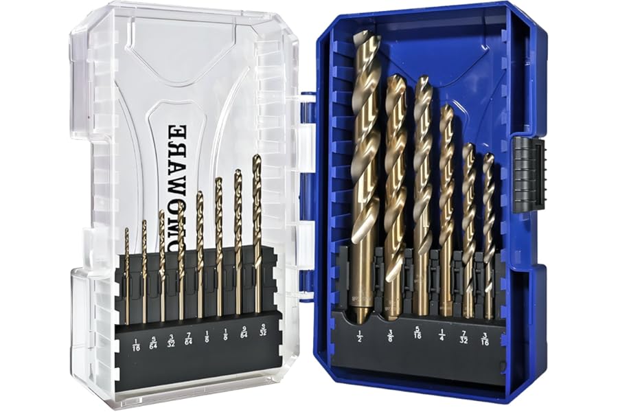 COMOWARE Cobalt Drill Bit Set- 14Pcs M42 8% Cobalt High Speed Steel Twist Jobber Length for Hardened Metal, Stainless Steel, Cast Iron and Wood Plastic with Indexed Storage Case, 1/16"-1/2"