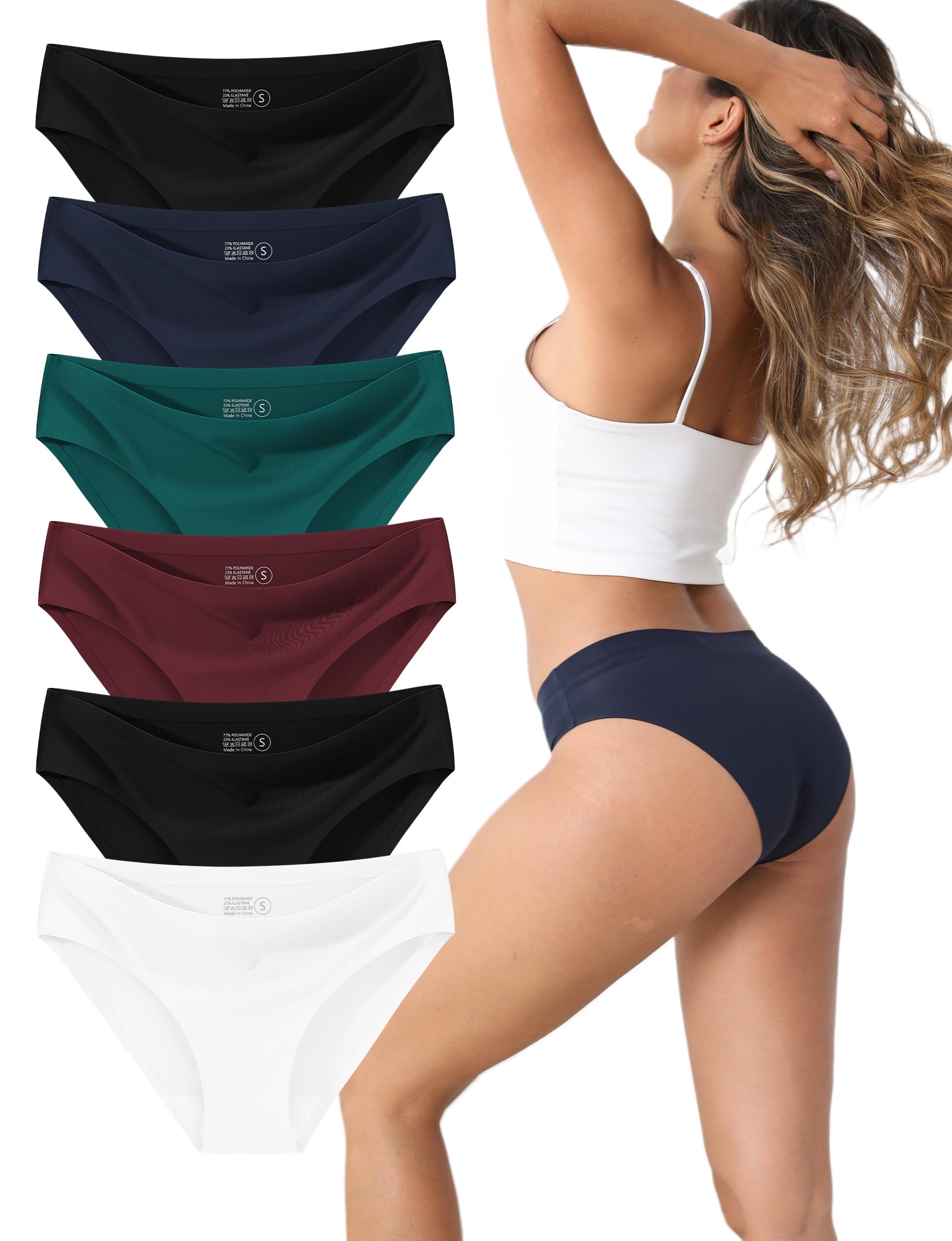 WAYIQE Seamless Underwear for Women, No Show Bikini Panties, Ladies Breathable Underwear, Size L, Multicolor, 6-Pack